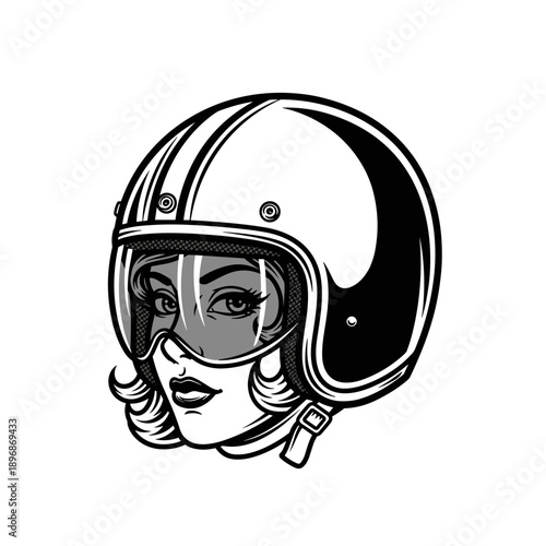 Retro Motorcycle Helmet with Womans Face Illustration.