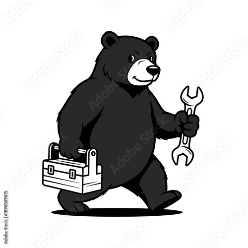Cartoon bear carrying toolbox and wrench illustration.