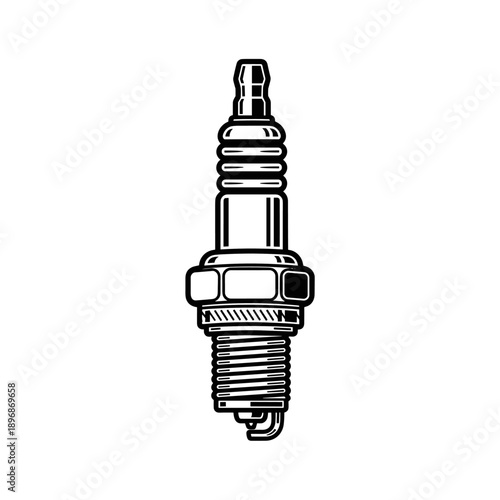 Detailed illustration of a single spark plug in black and white.