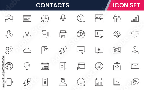 Contacts icons depicting address books, phone directories, profiles, communication, emails, phone calls, networking, connections, user information, social links, personal contacts, organization, manag