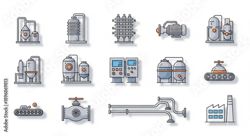 Industrial Factory Equipment Icons Set Vector Illustration.