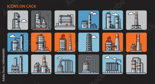 Industrial Factory Icons Set Chemical Plant Buildings.