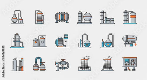 Industrial factory icons set chemical plant equipment.