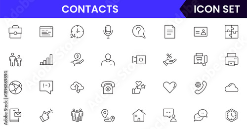 Contacts icons depicting address books, phone directories, profiles, communication, emails, phone calls, networking, connections, user information, social links, personal contacts, organization, manag