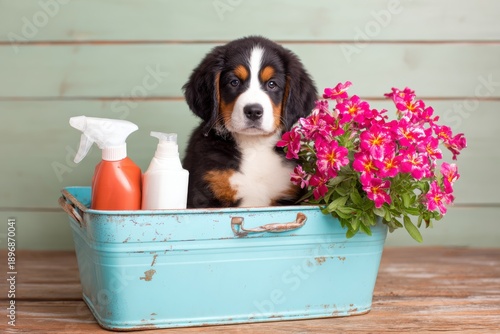 Adorable Bernese Mountain Dog Puppy Sitting in Vintage Basket with Colorful Flowers and Cleaning Products