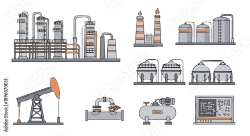 Industrial factory and oil pump jack illustration set.