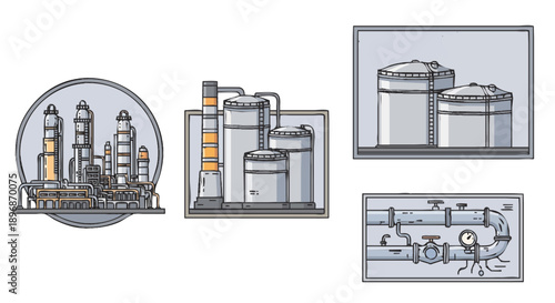 Industrial factory complex with storage tanks and pipelines illustration.