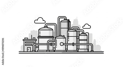 Industrial factory complex with tanks and pipes illustration.
