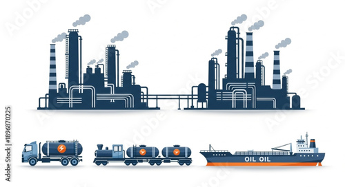 Industrial factory complex with transportation vehicles.
