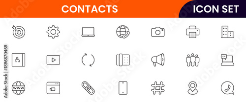 Contacts icons depicting address books, phone directories, profiles, communication, emails, phone calls, networking, connections, user information, social links, personal contacts, organization, manag