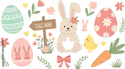 Whimsical Easter Holiday Vector Set Featuring Cute Bunny Rabbit, Chick, Colorful Patterned Eggs, Carrot, and Eggs Hunt Wooden Sign for Seasonal Greeting Cards