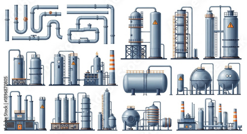 Industrial factory equipment and piping systems illustration.