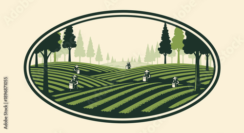 Farmers working in a lush green agricultural field with trees.
