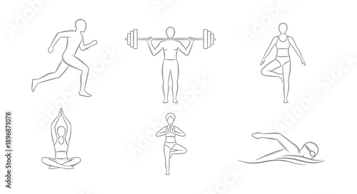 outline illustrations of fitness activities running weightlifting yoga and swimming symbolizing exercise sports and healthy lifestyle.