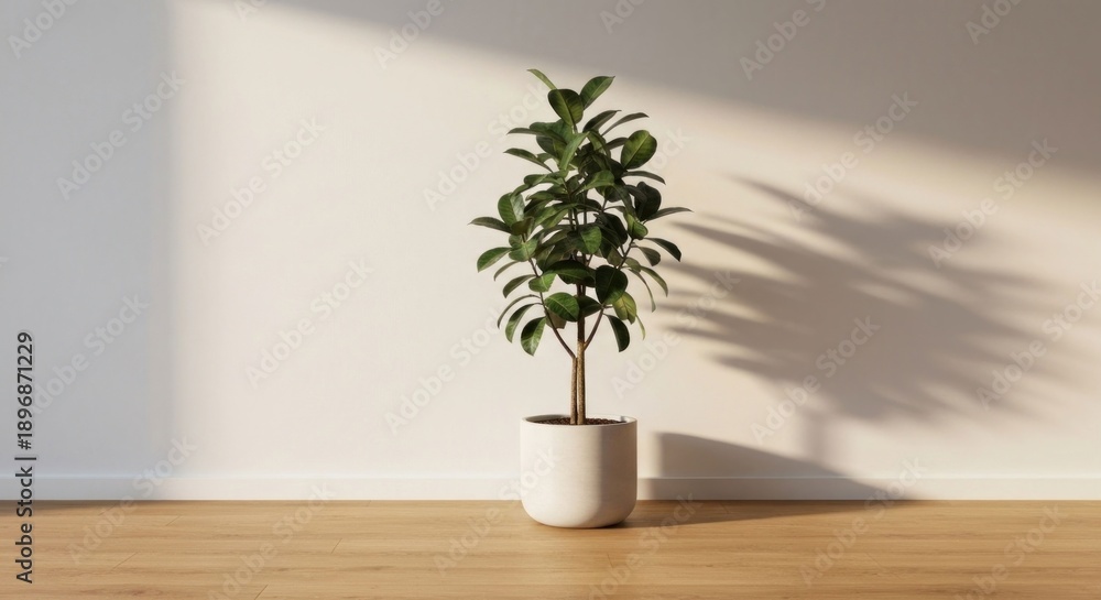 Fototapeta premium A potted fiddle-leaf fig casts a shadow on a light wood floor against a white wall in sunlight