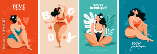 Set of cute body-positive illustrations about loving yourself and your body. Flat vector trend design