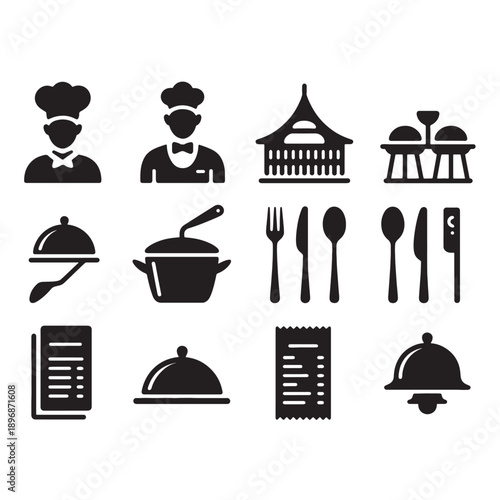 Food Service Vector Icon Set Restaurant Silhouettes and Line Art Elements