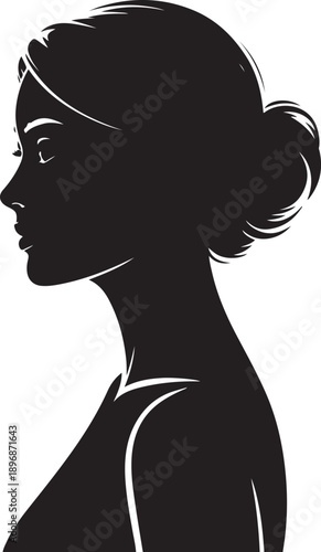A black silhouette of a woman with her hair in a bun against a white background

