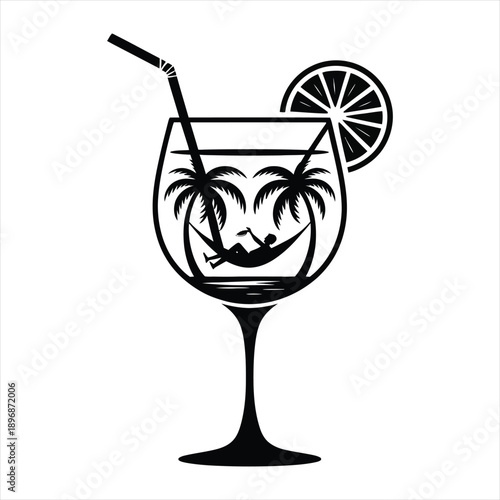 Summer drink silhouette featuring tropical beach and palm tree scenery inside a cocktail glass