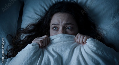 Scared Young Woman Hiding Under Blanket in Bed at Night