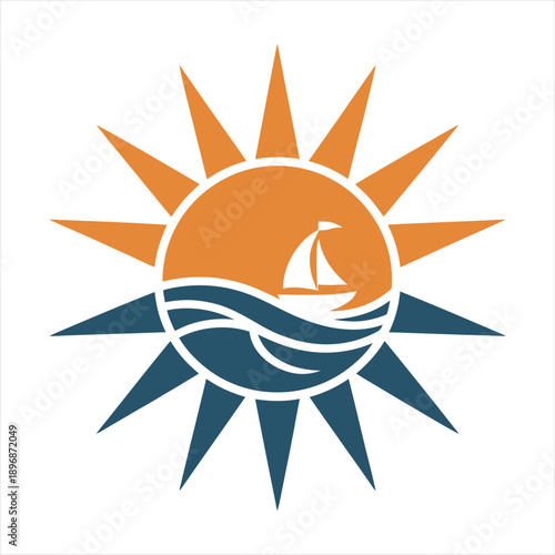 Stylized geometric sun and ocean waves with boat silhouette, modern nautical branding element