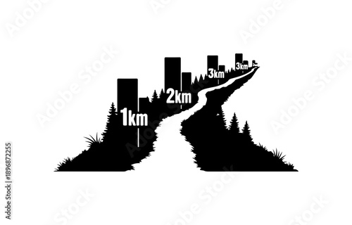Black Vector Silhouette of Mountain Range with Distance Markers