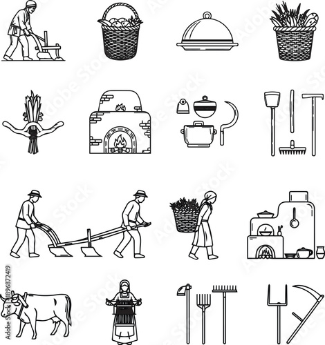 Traditional Village Life and Manual Agriculture Vector Illustration Set