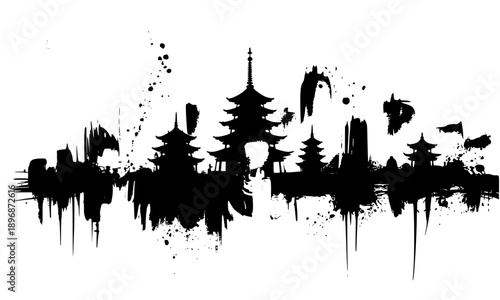 Black ink silhouette of an Asian temple skyline with pagoda, mountains and urban elements, abstract grunge cityscape illustration inspired by Japanese and East Asian architecture on white background