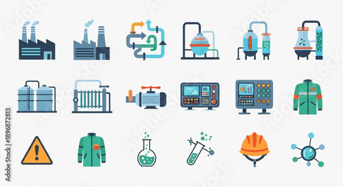 Industrial Icons Set Factory Equipment Technology And Safety Symbols.