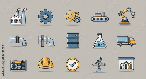 Industrial Icons Set Factory Machinery Equipment And Tools.