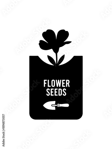 Black Minimalist Flower Seeds Vector Icon with Plant Silhouette