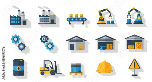Industrial Icons Set Factory Manufacturing Warehouse Logistics.