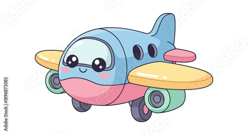 Cartoon airplane with smiling face and pastel colors.