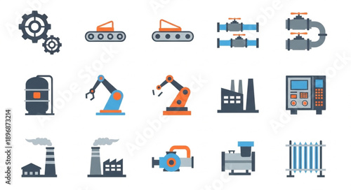 Industrial Icons Set Featuring Machinery and Factories.