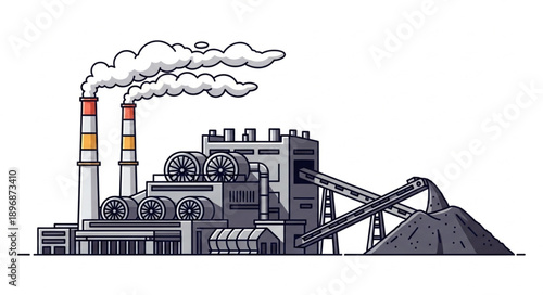 Industrial factory with smoking chimneys and coal pile.
