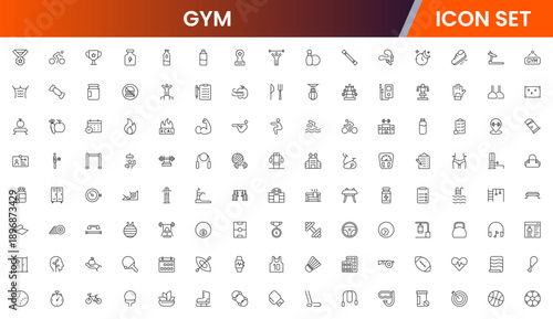 Gym icons depicting fitness, exercise, workout equipment, dumbbells, treadmills, yoga, strength training, health, wellness, cardio, personal training, motivation, stretching