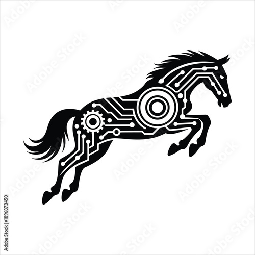 Dynamic running horse illustration with artistic ink splash and paint splatter effects.