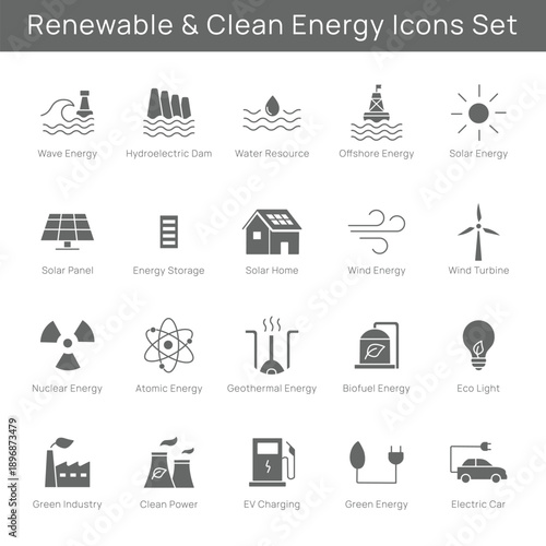 Renewable and Clean Energy Solid Icons Set