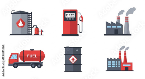 Industrial fuel and energy production icons set.