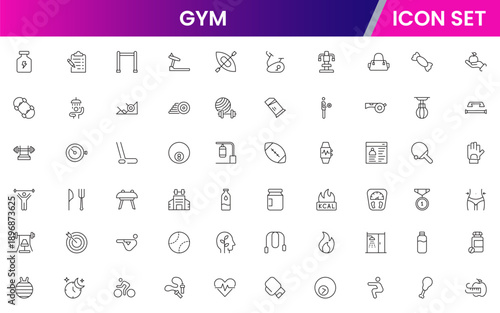 Gym icons depicting fitness, exercise, workout equipment, dumbbells, treadmills, yoga, strength training, health, wellness, cardio, personal training, motivation, stretching
