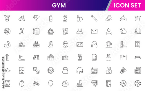 Gym icons depicting fitness, exercise, workout equipment, dumbbells, treadmills, yoga, strength training, health, wellness, cardio, personal training, motivation, stretching