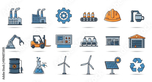 Industrial Icons Collection Representing Manufacturing and Energy Production.