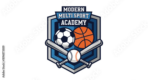 Modern Multi Sport Academy Emblem with Balls and Bats.