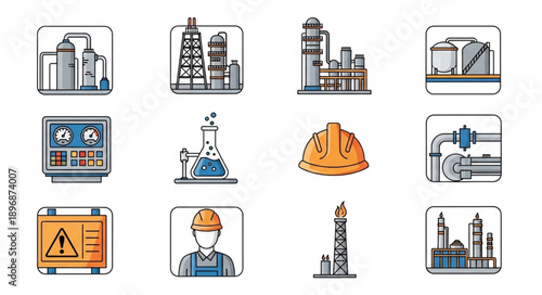 Industrial Icons Set Chemical Factory Equipment And Safety Gear.