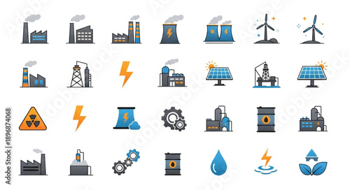 Industrial Icons Set Energy Production and Pollution Symbols.
