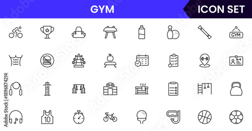Gym icons depicting fitness, exercise, workout equipment, dumbbells, treadmills, yoga, strength training, health, wellness, cardio, personal training, motivation, stretching
