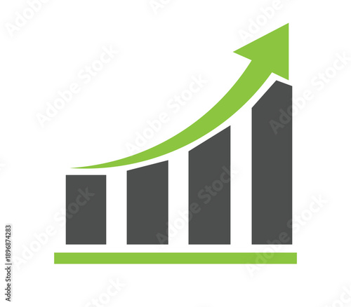 A green arrow rises above a bar graph on a white background