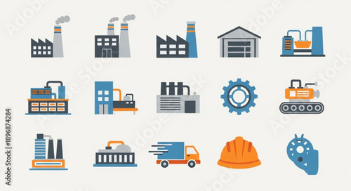 Industrial Icons Set Factory Building Transportation Machinery.