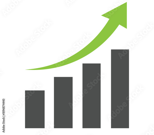 Modern bar graph with a sharp, upward trending green line representing financial success and progress