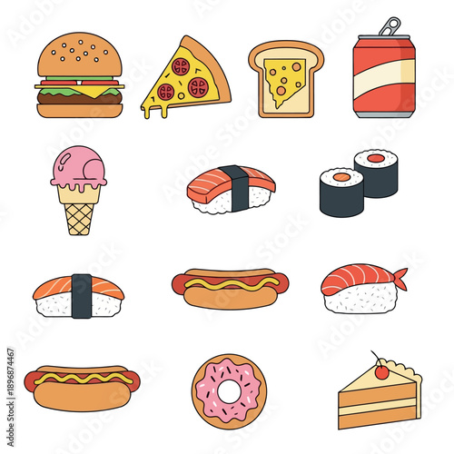 Collection of various popular fast food items and desserts in an outlined style